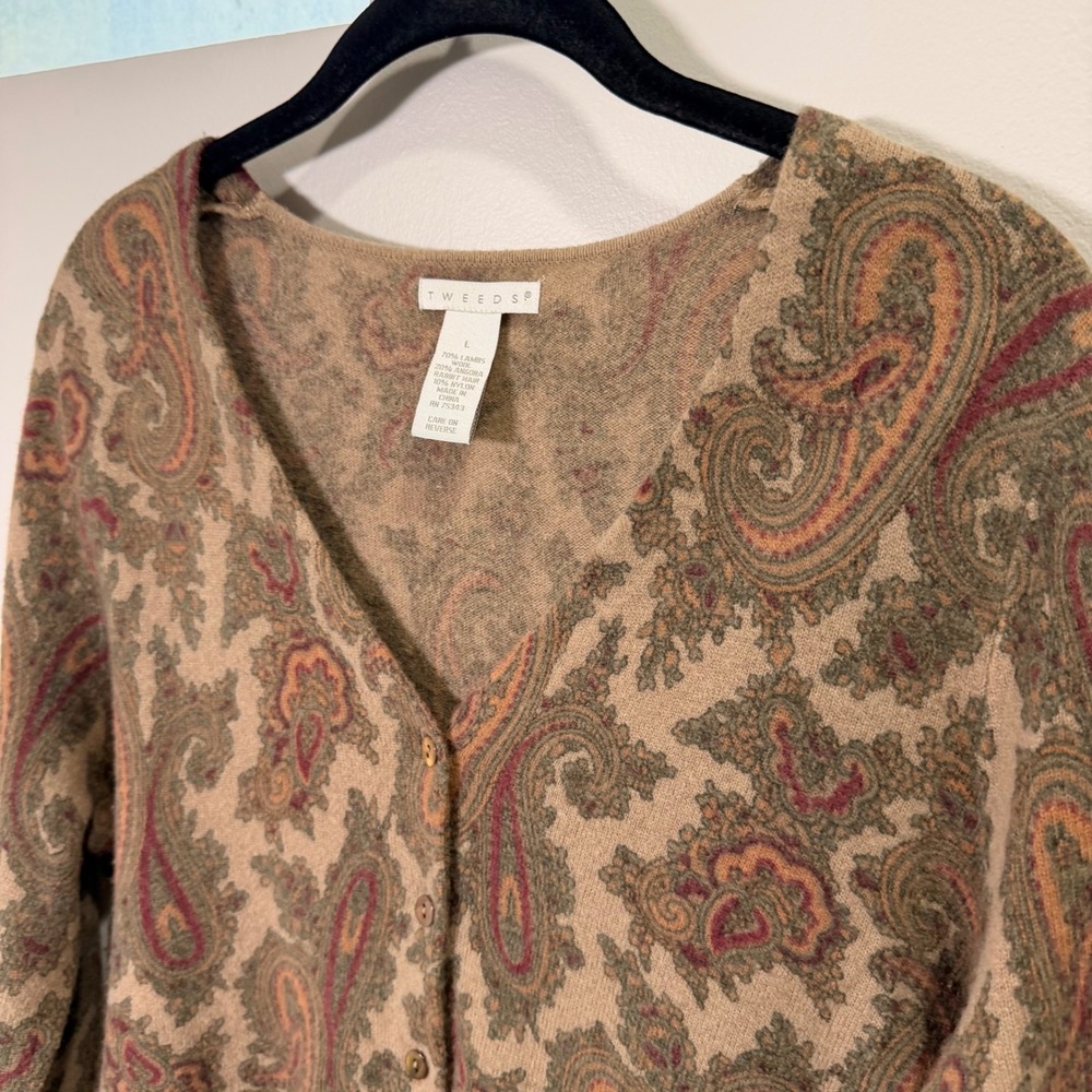 Lambs Wool Angora Paisley Button Front Sweater Cardigan (L) Tweeds Soft Light - Picture 5 of 11